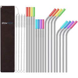 StrawExpert Set of 16 Reusable Stainless Steel Straws with Travel Case Cleaning Brush Silicone Tips Eco Friendly Extra Long Metal Straws Drinking for 20 24 30 oz Tumbler