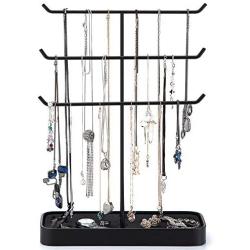 JackCubeDesign Metal 3 Tier Jewelry Display Stand Tree Organizer Necklace Holder Rack Hanger Accessory Tower with Earring Ring Tray Storage for Dresser, Vanity, Tabletop, Bedroom (Black) -MK320D