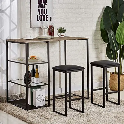 VECELO 3-Piece Pub Dining Set Counter Height Breakfast Table with Cushion Stools, Black VECELO 3-Piece Pub Dining Set Counter Height Breakfast Table with Cushion Stools, Black