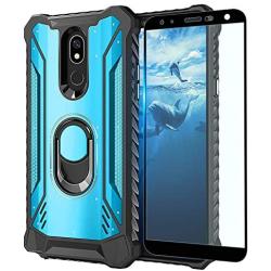 TJS Phone Case Compatible with LG K40/K12 Plus/X4/Solo LTE/Harmony 3/Xpression Plus 2 [Full Coverage Tempered Glass Screen Protector] Aluminum Ring Magnetic Support Built-in Metal Plate Back (Blue)