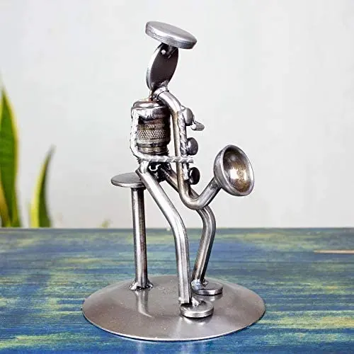 UKN Handmade Auto Part Rustic Saxophonist Sculpture (Mexico) Silver Metal UKN Handmade Auto Part Rustic Saxophonist Sculpture (Mexico) Silver Metal