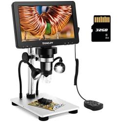 TOMLOV 7'' LCD Digital Microscope with 32GB SD Card 1200X Magnification, 1080P Video Microscope with Metal Stand, 12MP Ultra-Precise Focusing, PC View, Windows/Mac OS Compatible