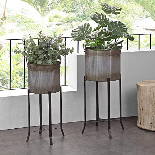 FirsTime & Co. Farmhouse Trough Outdoor Planter 2-Piece Set, American Crafted, Aged Galvanized Metal, 15.5 x 14 x 32.5 ,