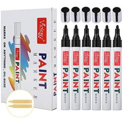 Black Paint Pens for Rock Painting-Stone, Ceramic, Metal, Glass, Wood, Fabric, Set of 6 Medium Tip Paint Markers High Volume Ink Water Resistant for DIY Craft Quick Drying with 2 Extra Chisel Tips