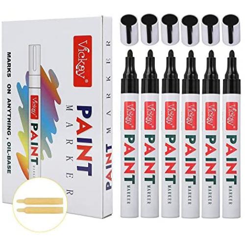 Black Paint Pens for Rock Painting-Stone, Ceramic, Metal, Glass, Wood, Fabric, Set of 6 Medium Tip Paint Markers High Volume Ink Water Resistant for DIY Craft Quick Drying with 2 Extra Chisel Tips