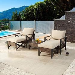 Festival Depot 5 Pieces Patio Outdoor Conversation Brown Wicker Rattan Chairs Cushions Ottomans Set Coffee Square Table Black Classic Metal Frame Furniture Garden Bistro Seating Thick Soft Cushions