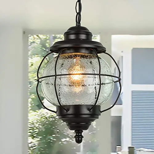 LALUZ Outdoor Pendant Lights, Farmhouse Ceiling Hanging Porch Fixture in Black Metal with Clear Bubbled Glass Globe in Iron Cage Frame, Exterior Lantern for Gazebo, Entryway, Patio LALUZ Outdoor Pendant Lights, Farmhouse Ceiling Hanging Porch Fixture in Black Metal with Clear Bubbled Glass Globe in Iron Cage Frame, Exterior Lantern for Gazebo, Entryway, Patio