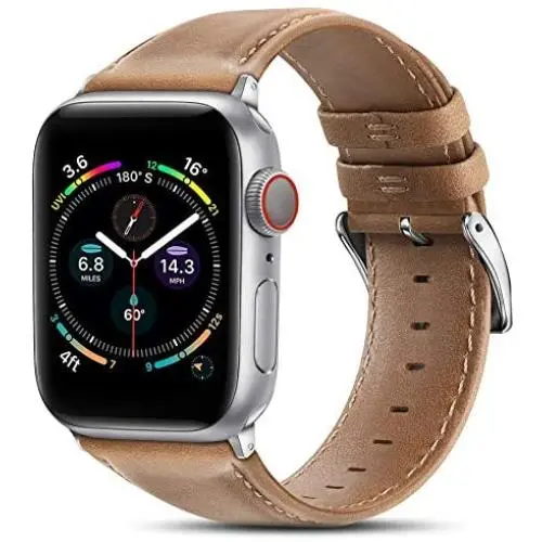 BRG Leather Bands Compatible with Apple Watch Band 44mm 42mm 40mm 38mm, Men Women Replacement Genuine Leather Strap for iWatch SE Series 6 5 4 3 2 1, Brown Band/Silver Adapter, 40mm 38mm