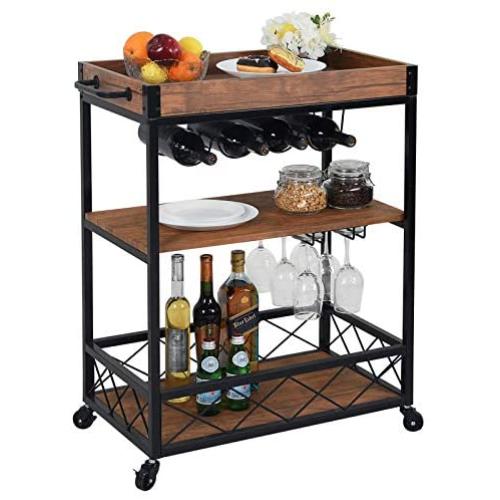 CHARAVECTOR Bar Cart Kitchen Bar&Serving Cart for Home with 3 -Tier Storage Shelves Kitchen Island Cart,Metal Wine Rack Storage and Glass Bottle Holder