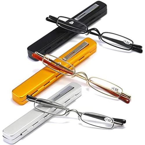 Small Reading Glasses Men Women 3 Pairs Slim Pocket Readers with Pen Metal Case Spring Hinge 3.5