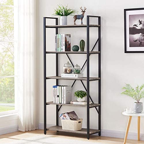 BON AUGURE Industrial Bookshelf, Etagere Bookcases and Book Shelves 5 Tier, Rustic Wood and Metal Shelving Unit (Dark Gray Oak)