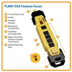 Tripp Lite 6 Outlet Industrial Safety Surge Protector Power Strip, 15ft Cord, Cord Wrap & Hang Holes, Metal, Lifetime Limited Warranty & $75K INSURANCE (TLM615SA) Black/Yellow