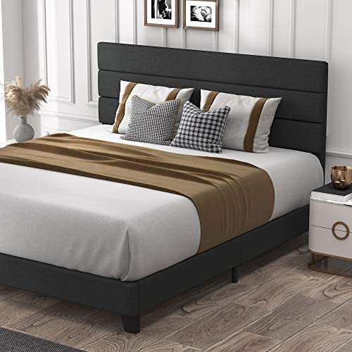 Allewie King Size Platform Bed Frame with Fabric Upholstered Headboard and Wooden Slats, Fully Upholstered Mattress Foundation/Strong Wooden Slats Support/Box Spring Optional/Easy Assembly