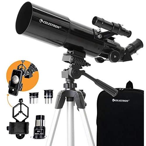 Celestron - 80mm Travel Scope - Portable Refractor Telescope - Fully-Coated Glass Optics - Ideal Telescope for Beginners - Bonus Astronomy Software Package - Digiscoping Smartphone Adapter