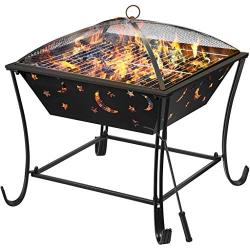 Finether Outdoor Fire Pit 24 Metal Fire Bowl BBQ Grill with Mesh Spark Screen Cover, Patio Backyard Beach Picnic Camping etc.