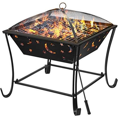 Finether Outdoor Fire Pit 24 Metal Fire Bowl BBQ Grill with Mesh Spark Screen Cover, Patio Backyard Beach Picnic Camping etc.