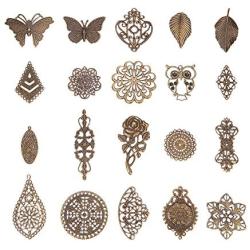 PH PandaHall 120pcs 19 Style Antique Bronze Filigree Connectors Charms Pendants Findings Iron Metal Embellishments for DIY Hairpin Headwear Earring Jewelry Making, Nickel Free