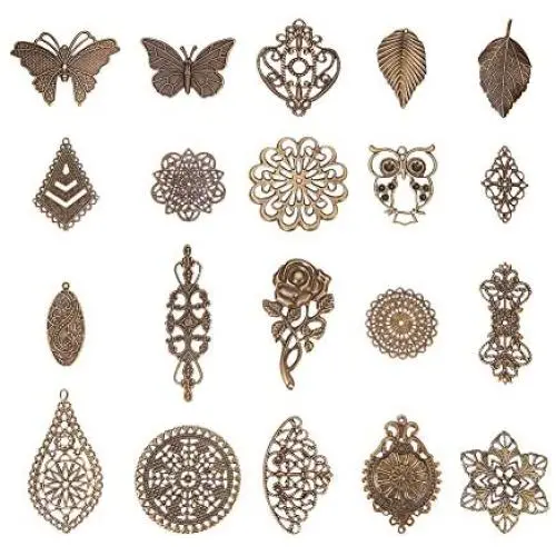 PH PandaHall 120pcs 19 Style Antique Bronze Filigree Connectors Charms Pendants Findings Iron Metal Embellishments for DIY Hairpin Headwear Earring Jewelry Making, Nickel Free
