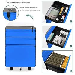 Dprodo 3 Drawers Mobile File Cabinet with Lock, Metal Filing Cabinet for Legal & Letter Size, Locking File Cabinet for Home & Office Full-Extension Drawers, Blue