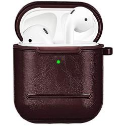 MOBEALO AirPods Leather Case 2 2019 Newes Protective Skin Cover Shockproof Accessories [Front LED Visible] with Stainless Steel Keychain Support Wireless Charging (Dark Brown)