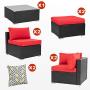 Walsunny 7pcs Patio Outdoor Furniture Sets,Low Back All-Weather Rattan Sectional Sofa with Tea Table&Washable Couch Cushions&Ottoman (Black Rattan)(Red)
