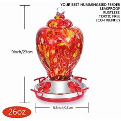 Hapito Hummingbird Feeder for Outdoors - Hand Blown Glass, 26 Ounces Nectar Capacity, No Leaking/Rustless, Containing Ant Moat, Metal Hook, Hemp Rope and Brush