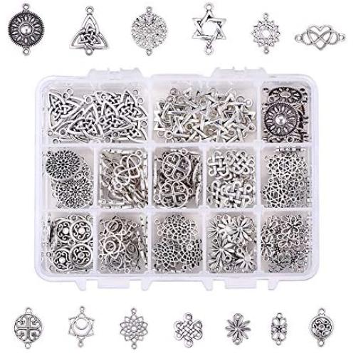 PH PandaHall 195pcs 13 Style Connector Beads Charms Tibetan Antique Silver Flower Heart Charms Pendants Beads Connector for DIY Dangling Earrings Necklace Bracelet Making