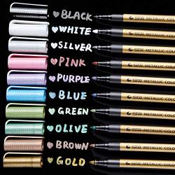 Premium Metallic Marker Pens Fine Tip, Ohuhu Set of 10 Glitter Paint Pen Window Marker for DIY Valentines Day Birthday Card Making, Coloring Book, Scrapbook Photo Album, Rock Art Back To School Gifts