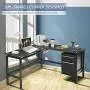 L Shaped Home Office Desk, Pataku Corner Computer Desk Modern Study Writing Table with 2 Drawers, Tempered Glass Desktop, Metal Frame, Black