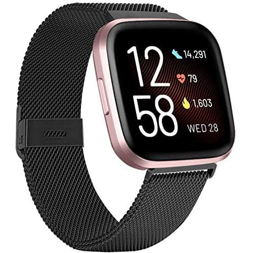ZWGKKYGYH Metal Bands Compatible with Fitbit Versa/Versa Lite/Versa 2 Smart Watch for Women Men, Stainless Steel Mesh Replacement Bracelet Band for Versa 2, Black Large