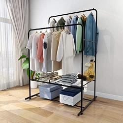 Double Rail Clothes Rack Metal Garment Rack with 2-Tier Bottom Shelves Portable Space-Saving Hanger Hanging, Black