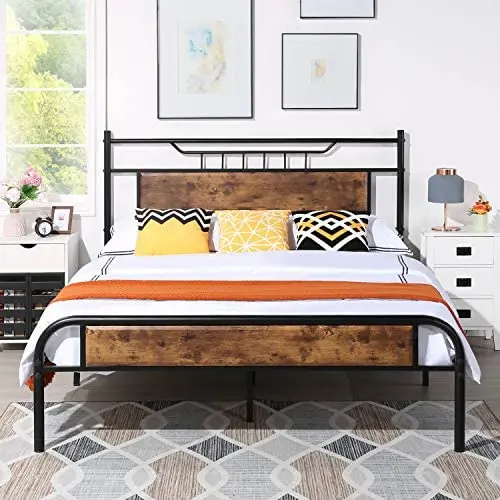 VECELO Queen Size Bed Frame with Wooden Headboard, Metal Platform Bed Frame with Footboard,No Box Spring Needed,Sturdy Steel Structure,14 Strong Steel Slat Support, Easy Assembly/Rustic Brown VECELO Queen Size Bed Frame with Wooden Headboard, Metal Platform Bed Frame with Footboard,No Box Spring Needed,Sturdy Steel Structure,14 Strong Steel Slat Support, Easy Assembly/Rustic Brown
