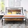 VECELO Queen Size Bed Frame with Wooden Headboard, Metal Platform Bed Frame with Footboard,No Box Spring Needed,Sturdy Steel Structure,14 Strong Steel Slat Support, Easy Assembly/Rustic Brown VECELO Queen Size Bed Frame with Wooden Headboard, Metal Platform Bed Frame with Footboard,No Box Spring Needed,Sturdy Steel Structure,14 Strong Steel Slat Support, Easy Assembly/Rustic Brown