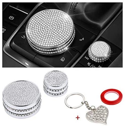 PIFOOG Crystal Car Stickers Shiny Auto Interior Bling Accessories Metal Sticker Volume Knobs & Multimedia Button Cover for Mazda 3 CX3 MX5 Miata Accessory Silver 2PCS (Multimedia Cap Big)