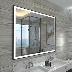 HAUSCHEN 32x40 inch Black Framed LED Lighted Bathroom Wall Mounted Mirror with High Lumen+CRI 95 Adjustable Color Temperature+Anti-Fog Separately+Dimmer Function+IP44 Waterproof+Vertical & Horizontal