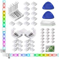 LED Strip Light Connectors,10mm Unwired 4 Pin 5050 RGB LED Lights Connectors kit,12 Gapless Connectors,6 L Shape Corner Connectors for Multicolor LED Strip 12V-24V with 20 Wire Clips,Open Tools