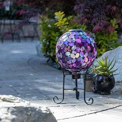 Alpine Corporation Outdoor Solar Powered Pink Glass Mosaic Gazing Globe with LED Lights and Metal Stand, Violet