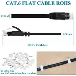 Cat 6 Ethernet Cable 50 ft, Flat Wire LAN Rj45 High Speed Internet Network Cable Slim with Clips, Faster Than Cat5e,Cat5 with Snagless Connectors for PS4, Xbox one, Switch Boxes, Modem, Router,Black