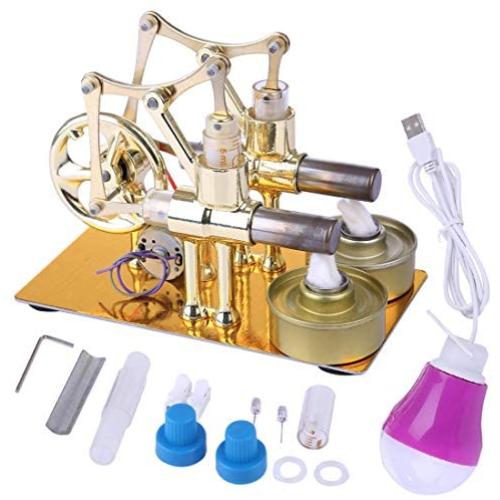 HMANE Metal Hot Double Cylinder Stirling Engine Model Bulb External Combustion Heat Steam Power Physics Science Experiment Engine Model