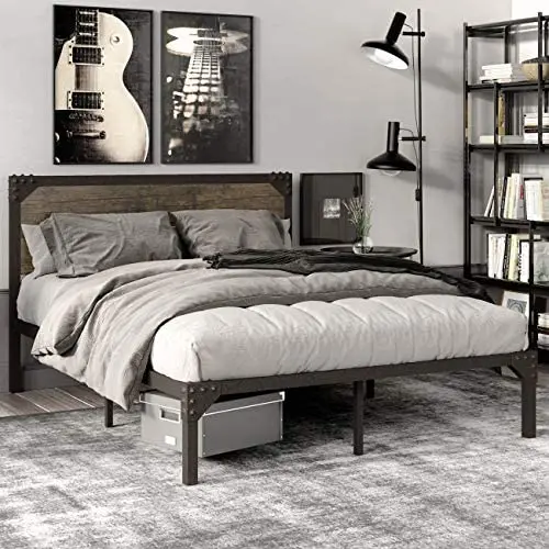 SHA CERLIN Queen Size Bed Frame with Industrial Wooden Rivet Headboard / Splash Platform Bed Frame with 13 Strong Metal Slats Support / Noise Free / Easy Assembly / Rustic Brown SHA CERLIN Queen Size Bed Frame with Industrial Wooden Rivet Headboard / Splash Platform Bed Frame with 13 Strong Metal Slats Support / Noise Free / Easy Assembly / Rustic Brown