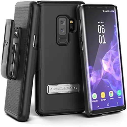 Encased Galaxy S9 Plus Belt Case with Kickstand and Holster Clip, Ultra Thin Slimline Combo Shell Cover with Durable Metal Stand for Samsung S9+ (Smooth Black)