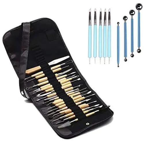 WOWENWO 31 Pieces Carving Tool Set,22 Pieces Wooden Pottery Sculpting Tools,5 Pieces Ceramic Clay Indentation Tool,4 Pieces Double-Ended Metal Ball Tools with Roll Up Pouch Case WOWENWO 31 Pieces Carving Tool Set,22 Pieces Wooden Pottery Sculpting Tools,5 Pieces Ceramic Clay Indentation Tool,4 Pieces Double-Ended Metal Ball Tools with Roll Up Pouch Case
