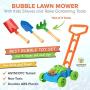 Bubble Lawn Mower Bundle with Kids Shovel and Rake Gardening Tools Set Features Metal Kids Shovel with Wooden Handles & Battery Operated Bubble Mower