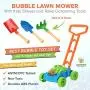 Bubble Lawn Mower Bundle with Kids Shovel and Rake Gardening Tools Set Features Metal Kids Shovel with Wooden Handles & Battery Operated Bubble Mower