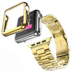 HUANLONG Compatible with Apple Watch Band, Solid Stainless Steel Metal Strap Band w/Adapter+Case Cover for Apple Watch iWatch 38mm (H Gold 38mm)