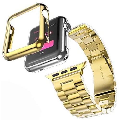 HUANLONG Compatible with Apple Watch Band, Solid Stainless Steel Metal Strap Band w/Adapter+Case Cover for Apple Watch iWatch 38mm (H Gold 38mm)