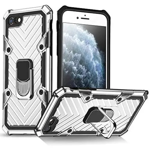 Military Grade for iPhone 8 Case iPhone 7 Case iPhone SE 2020 Metal Rotating Ring with Kickstand Holder Armor Heavy Duty Shockproof Drop Protective Cover for iPhone 8/7/SE 2020 Phone Case (Sliver)