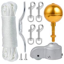 Flag Pole Hardware Parts Repair Kits, 50 Feet Halyard Rope + 3'' Gold Ball + 6'' Zinc Alloy Cleat + 4 PCS Metal Hook Clips + Cast Aluminum Truck for 2'' Diameter Flag Poles Top