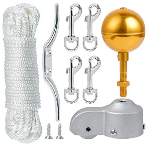 Flag Pole Hardware Parts Repair Kits, 50 Feet Halyard Rope + 3'' Gold Ball + 6'' Zinc Alloy Cleat + 4 PCS Metal Hook Clips + Cast Aluminum Truck for 2'' Diameter Flag Poles Top Flag Pole Hardware Parts Repair Kits, 50 Feet Halyard Rope + 3'' Gold Ball + 6'' Zinc Alloy Cleat + 4 PCS Metal Hook Clips + Cast Aluminum Truck for 2'' Diameter Flag Poles Top