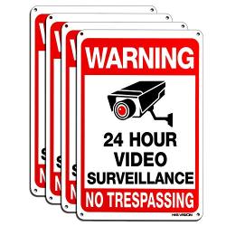 Video Surveillance Sign 4-Pack , HISVISION No Trespassing Metal Reflective Warning Sign ,UV Protected & Waterproof, 10''x 7'' 0.40 Aluminum Indoor Or Outdoor Use for Home Business CCTV Security Camera